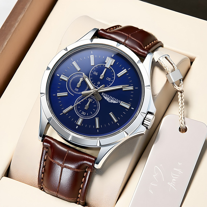 Leather Watch Band Men - Jam Tangan Kronograf Pria, Dial Biru